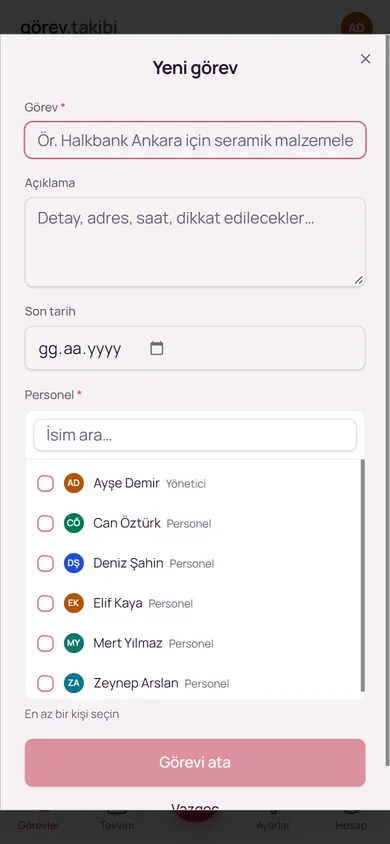 Telefonda yeni görev formu: görev, son tarih, personel